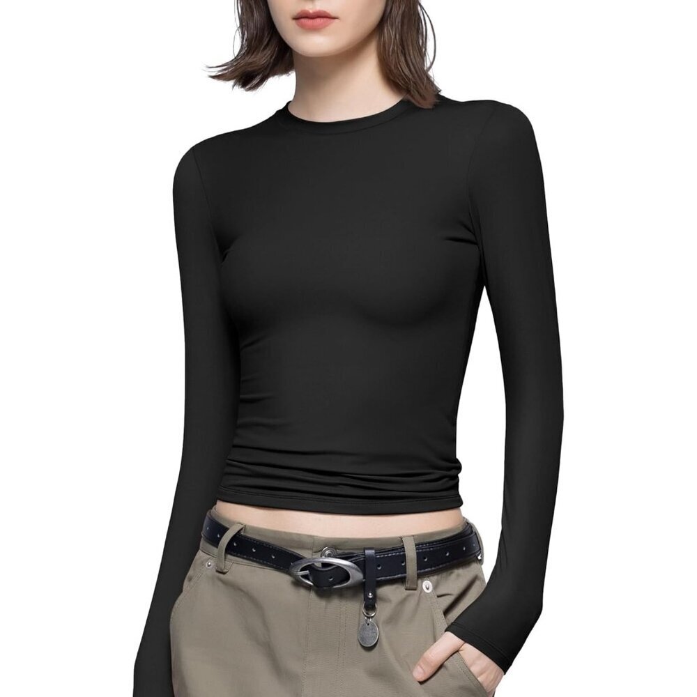 Women's Jet Black Long Sleeve T Shirts Crew Neck Slim Fit Tops Sexy Collection